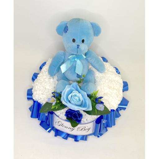 Teddy Bear Wreath ring funeral tribute - Pink Blue Natural